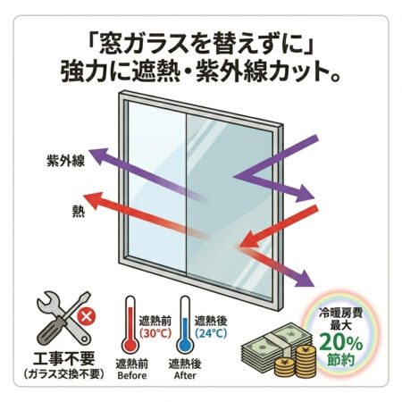 窓ガラスを替えずに、高性能遮熱ガラスに変える